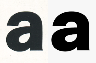 <p>Comparison between the “a” of Barnhart Brothers & Spindler’s Gothic Modern and the new digital Modern Gothic.</p>