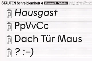 <p>A classic German handwriting tool in which letters are taught to inhabit a roof, a floor, and a basement, turning ascenders, x-height, and descenders into architecture. Written in the <em>Staufen Schreiblernheft Schreibübungsheft Nr. 6300/1 für Anfänger +4</em>. Image courtesy: Personal archive</p>